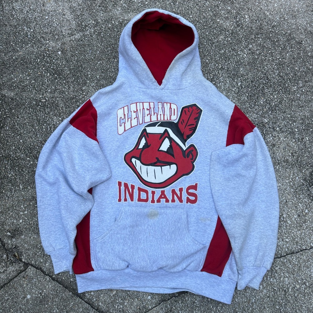 Vintage Cleveland Indians Chief Wahoo Hoodie Grey Red XL Made in USA MLB 90s